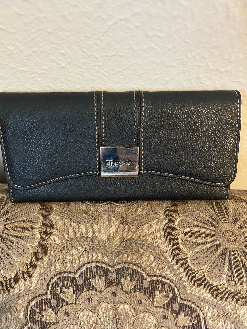 Nine West Black Pebbled Leather Wallet with Silver Accent